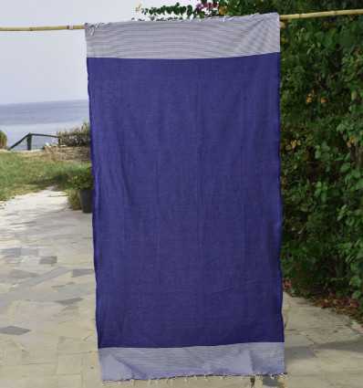 FOUTA NID D'ABEILLE Bleu outremer rayée blanc