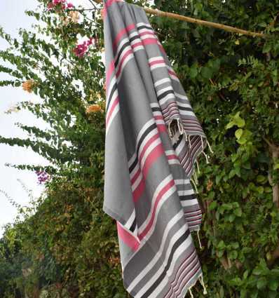Fouta dina gris rayée rose, blanc et gris noir Fouta Tunisia - 3