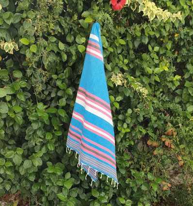 Fouta dina bleu céleste rayée rose et blanc Fouta Tunisia - 4