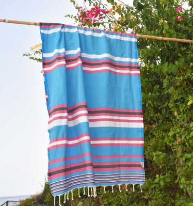 Fouta dina bleu céleste rayée rose et blanc Fouta Tunisia - 5