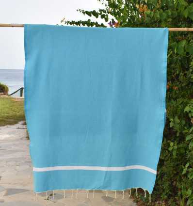 Fouta Nid d’abeille Bleu céleste avec bandes blanche