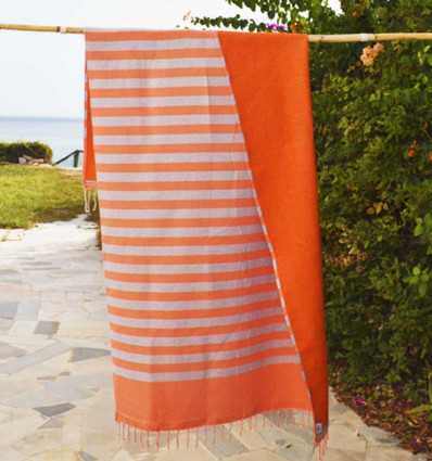 Fouta orange et gris doublée éponge