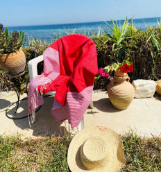 FOUTA NID D'ABEILLE rouge groseille rayée blanc Fouta Tunisia - 1