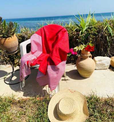 FOUTA NID D'ABEILLE rouge groseille rayée blanc