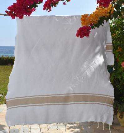 Fouta en Coton Recyclé blanche avec bandes beige Fouta Tunisia - 4