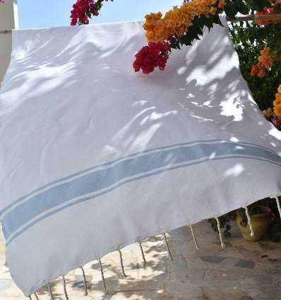 Fouta plate blanche bandes bleu ciel Fouta Tunisia - 3