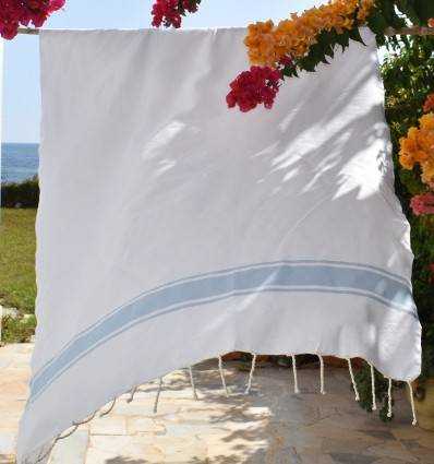 Fouta plate blanche bandes bleu ciel Fouta Tunisia - 4