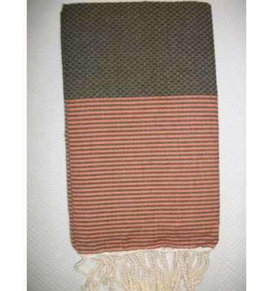 Fouta marron rayée  rose corail