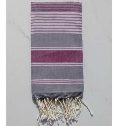 Fouta dina gris plomb rayée rose et bordeaux