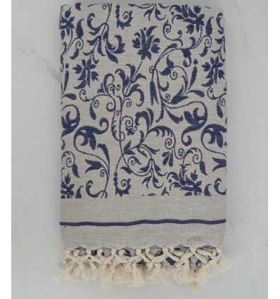 Fouta fleur gris clair et bleu