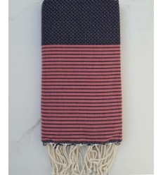 Fouta nid d'abeille bleu violet rayée rose fraise 