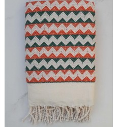 Fouta zigzag blanc crème, orange et vert 
