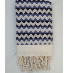 Fouta zigzag blanc crème, bleu turquin et noir 