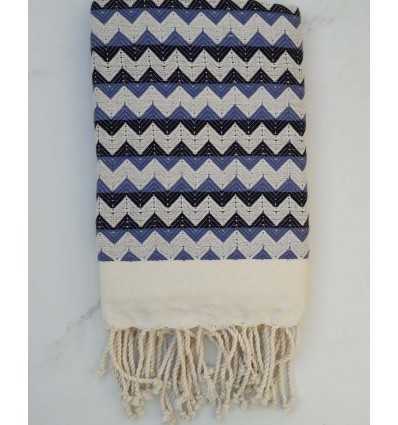 Fouta zigzag blanc crème, bleu turquin et noir