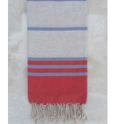 Jeté rouge, gris clair et bleu 