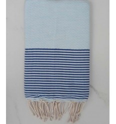 Fouta nid d'abeille bleu clair rayée bleu 