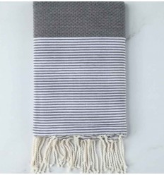 FOUTA NID D'ABEILLE Gris mastic rayée blanc 