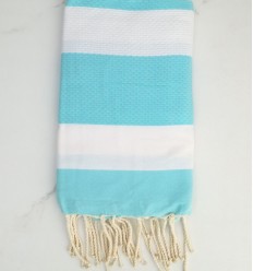 Fouta nid d'abeille blanc et turquoise 