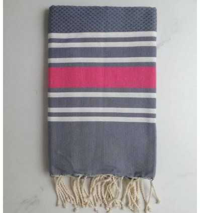 Fouta nid d'abeille bleu horizon et rose