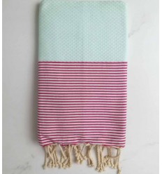FOUTA NID D'ABEILLE vert pistache rayée rose 