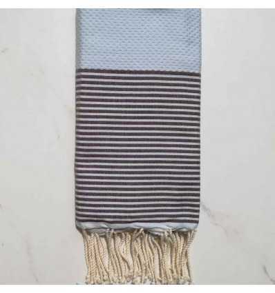 Fouta nid d'abeille bleu clair rayée marron