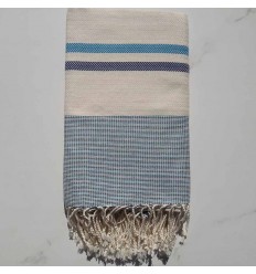 Fouta Chevron blanc crème, bleu azur et bleu foncé 