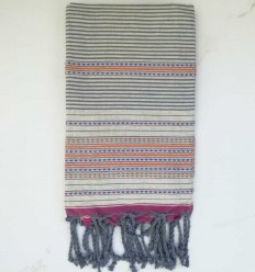 Fouta arabesque blanc crème rayée bleu horizon 