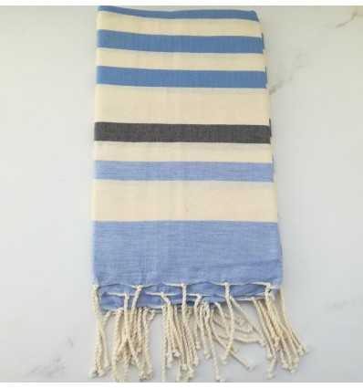 Fouta bleu, gris anthracite et blanc crème