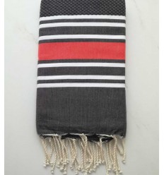 Fouta nid d'abeille gris anthracite rayée rouge anglais 