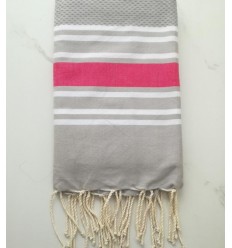 Fouta nid d'abeille gris rayée rose foncé 