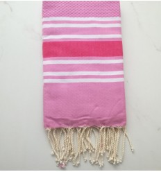 Fouta nid d'abeille rose clair rayée rose foncé 