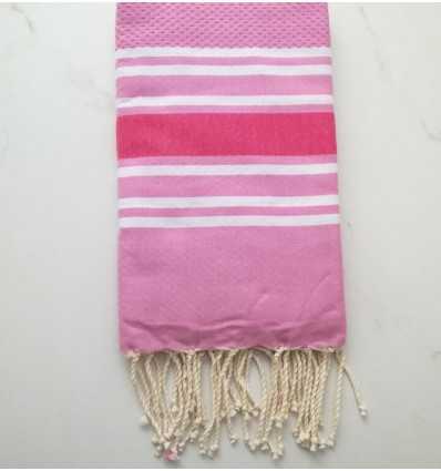 Fouta nid d'abeille rose clair rayée rose foncé