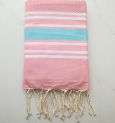 Fouta nid d'abeille rose clair rayée bleu 