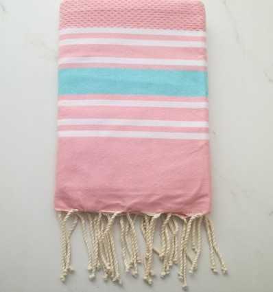 Fouta nid d'abeille rose clair rayée bleu