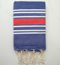 Fouta nid d'abeille bleu moyen rayée orange foncé 