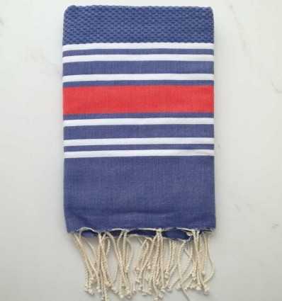 Fouta nid d'abeille bleu moyen rayée orange foncé