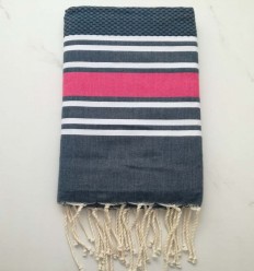 Fouta nid d'abeille bleu pétrole rayée rose 