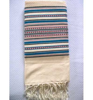 Fouta Arabesque rayures bleu rouge coraille