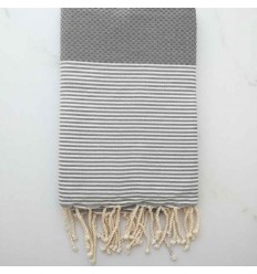 FOUTA NID D'ABEILLE  gris ciment rayée blanc 