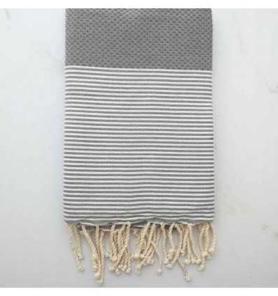 Fouta nid d'abeille gris ciment rayée blanc