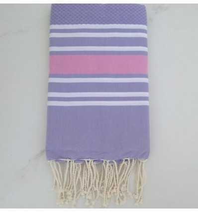 Fouta nid d'abeille violet clair rayée rose clair