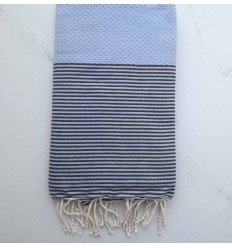 FOUTA NID D'ABEILLE bleu pompadour rayée noir 