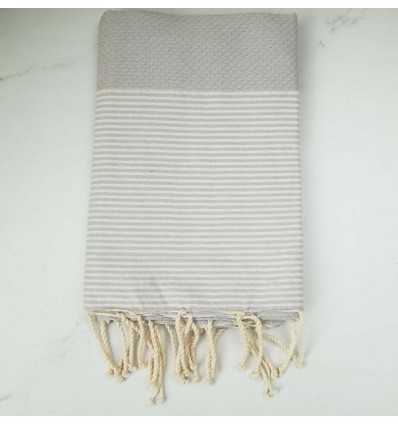 FOUTA NID D'ABEILLE gris perle rayée blanc