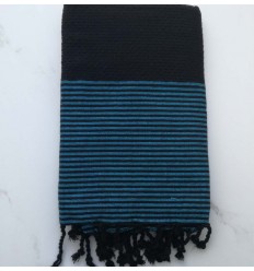 FOUTA Lurex NID D'ABEILLE noir rayée bleu azur 
