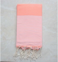 Fouta nid d'abeille rose saumon clair rayée blanc 