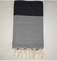 FOUTA NID D'ABEILLE bleu foncé rayée blanc 