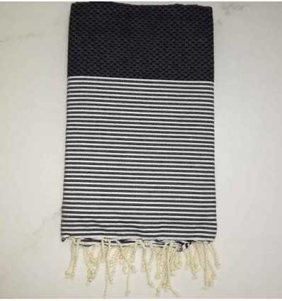 Fouta bleu foncé rayée blanc