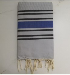 Fouta nid d'abeille bleu fumée rayée bleu et anthracite 