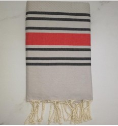 Fouta nid d'abeille gris perle rayée anthracite et rouge 