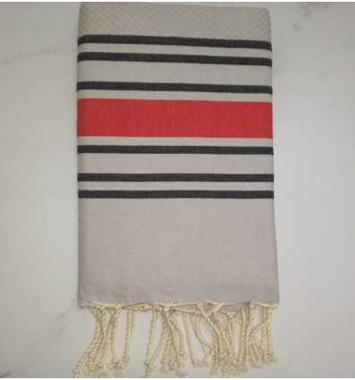 Fouta nid d'abeille gris perle rayée anthracite et rouge